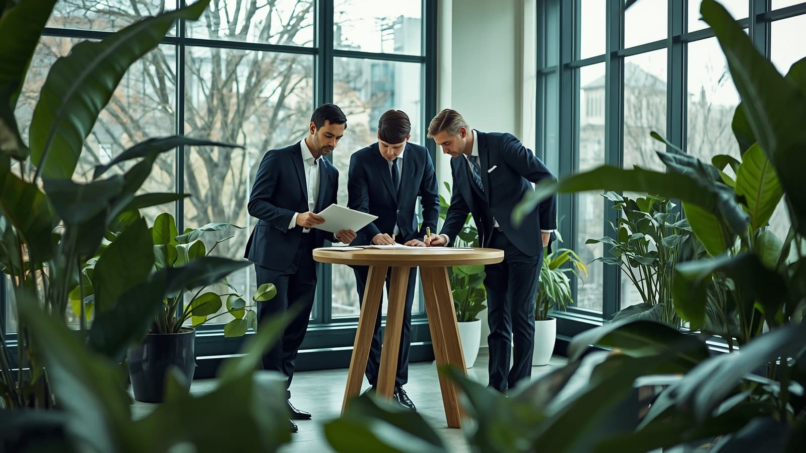 Three executives working at a standing table in a bright glass-walled office full of plants