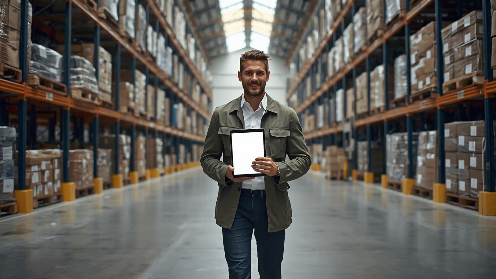 An operations executive walking the main aisle of a modern distribution center
