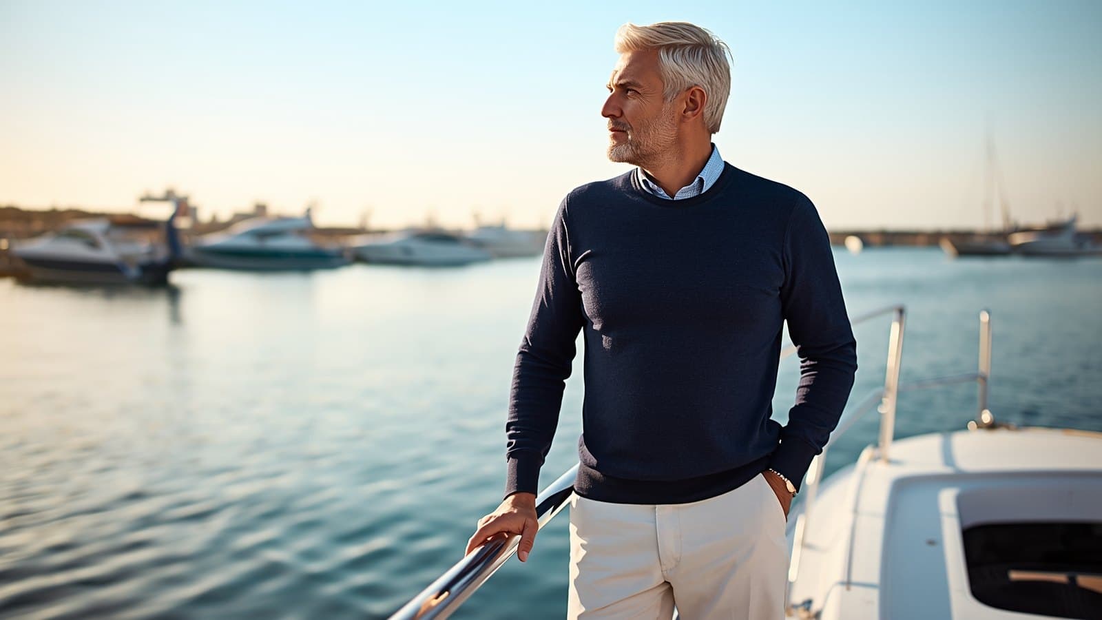A business owner standing at the rail of a yacht in a calm harbor