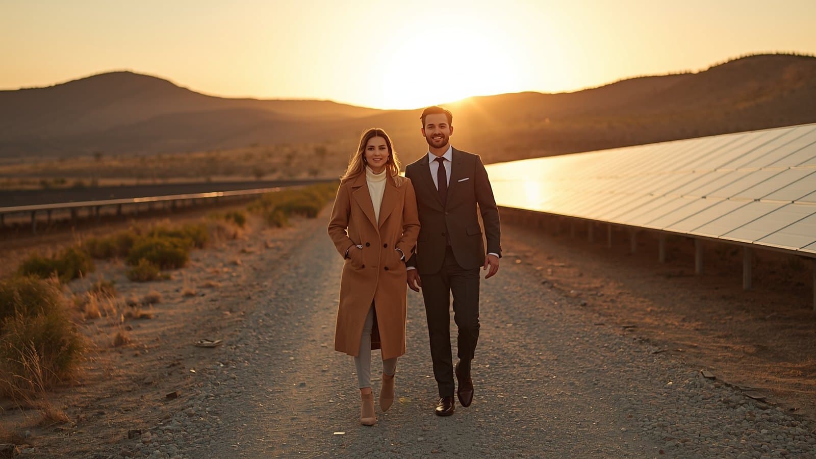 Two investors walking between rows of utility-scale solar panels in the desert at golden hour