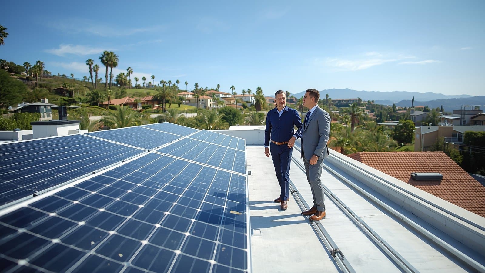 A solar crew lead and an investor talking on a rooftop beside a new solar array in Southern California