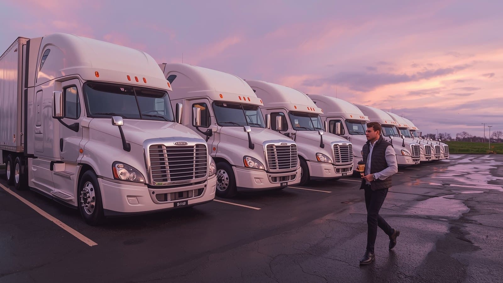 An owner walking past a row of white semi trucks in a freight yard at dawn