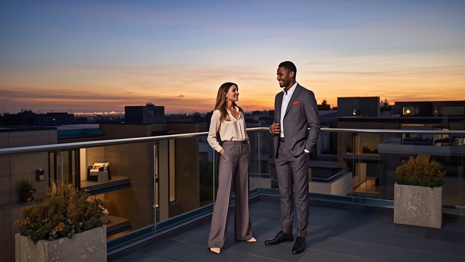 Two real estate partners talking on a residential rooftop terrace at dusk